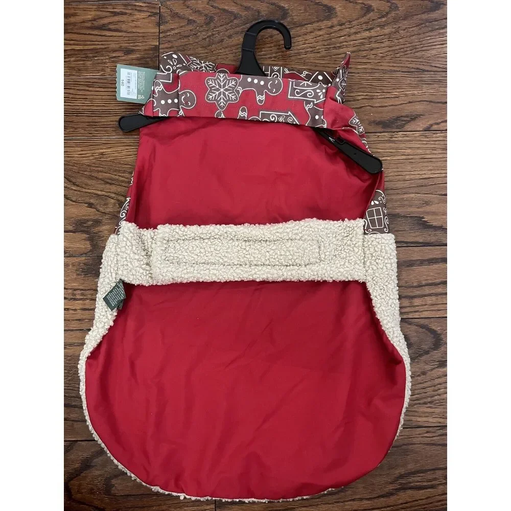 Paw & Tail Red Tan Fuzzy Gingerbread Houses Dog Vest Coat Large‎